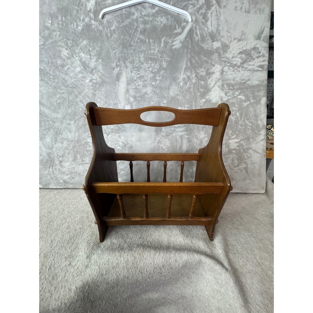 Vintage Centurion Wood Magazine Rack Spindle Floor Caddy with Handle Brown